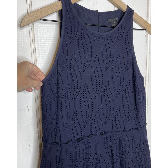 NWOT Ann Taylor Petite Eyelet Midi Dress Fit & Flare Size 4P Navy Blue Pleated - Picture 4 of 9